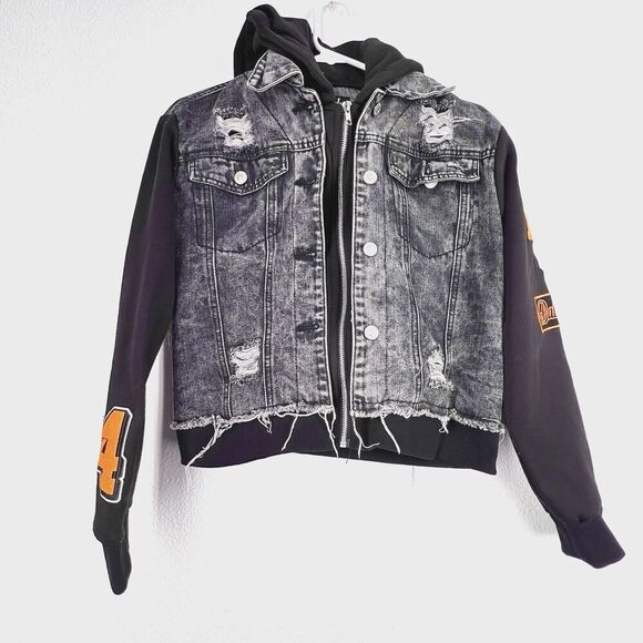 Thrill Jeans Black Wash Denim Hoodie Jacket Sz M Distressed Destroyed Shacket - Picture 1 of 9